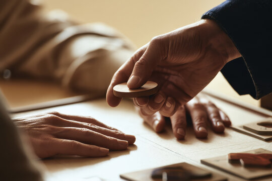 An intricate moment where a wooden token is being handed over, representing shared experiences and tangible connections, inviting curiosity and interaction.