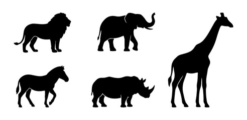 African animal silhouettes set with lion, elephant, giraffe, rhino and zebra for safari logos © Sahin