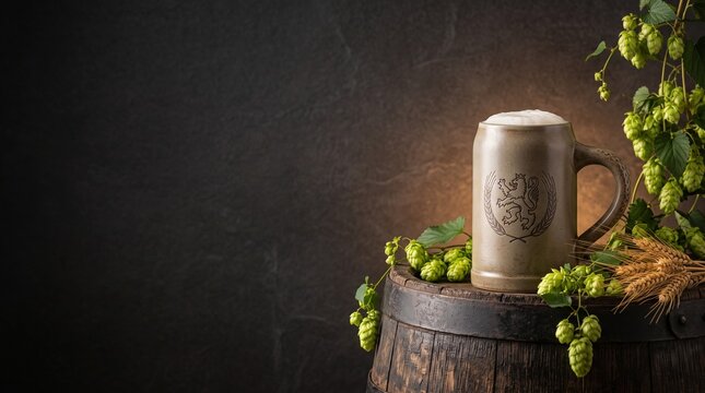 Refined Oktoberfest beer banner mockup with heavy stoneware mug featuring heraldic lion emblem, fresh hop vines on rustic dark wooden barrel, dark textured wall with copy space  