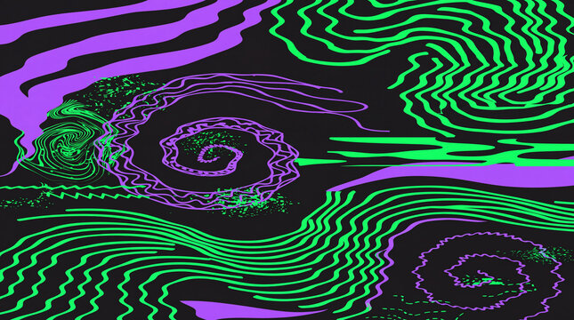 Psychedelic wavy glitch art with neon green and purple distorted lines on black background. Abstract VHS noise, trippy swirl texture, distorted signal pattern for background.