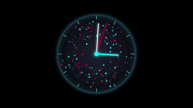 Abstract digital clock interface with floating particles and neon hud time