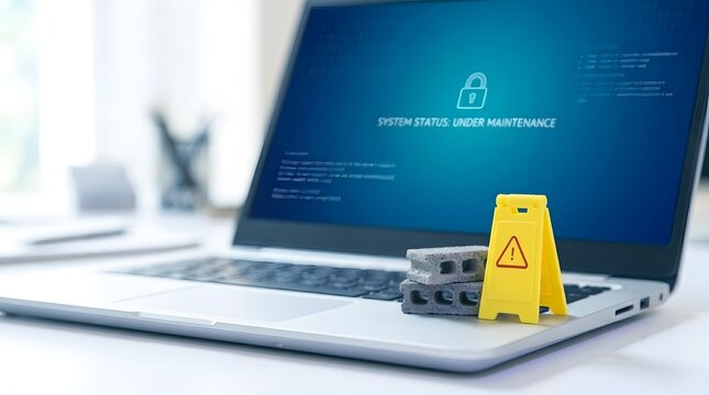 Laptop screen displays System Status Under Maintenance with a padlock icon while a miniature wet floor sign and bricks sit on the keyboard symbolizing technical issues or downtime.