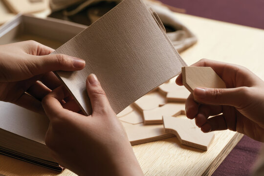 A pair of hands is holding a wooden puzzle piece and a card, capturing the essence of creativity and engagement in a tactile activity.