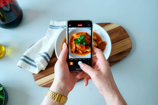 Close up of young adult woman hands photographing pasta dish with smartphone for social media content, showing mobile food marketing. Useful for restaurant promotion and app ads