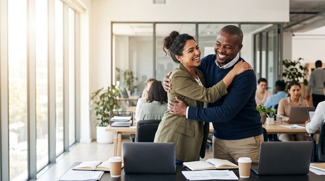 Two diverse coworkers warmly embracing in a modern office, celebrating success, positive workplace culture, teamwork and appreciation, natural daylight, contemporary interior, authentic emotions, phot