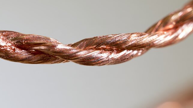 Close-up of twisted copper wire with shallow depth of field and generous copy space, showing metallic texture, industrial material, electrical connection, conductivity and modern technology