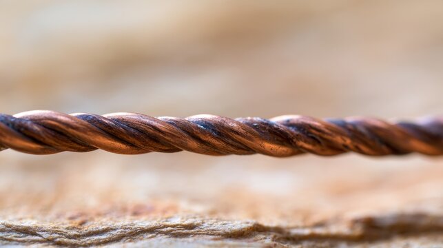 Close-up of twisted copper wire with shallow depth of field and generous copy space, showing metallic texture, industrial material, electrical connection, conductivity and modern technology