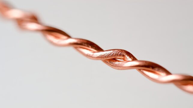 Close-up of twisted copper wire with shallow depth of field and generous copy space, showing metallic texture, industrial material, electrical connection, conductivity and modern technology