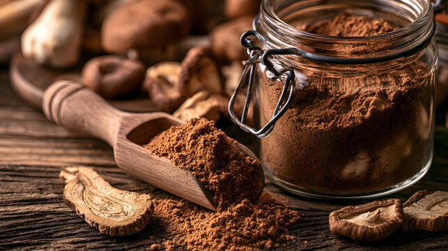 Functional Mushroom Powder Scoop Resting Beside An Open Jar