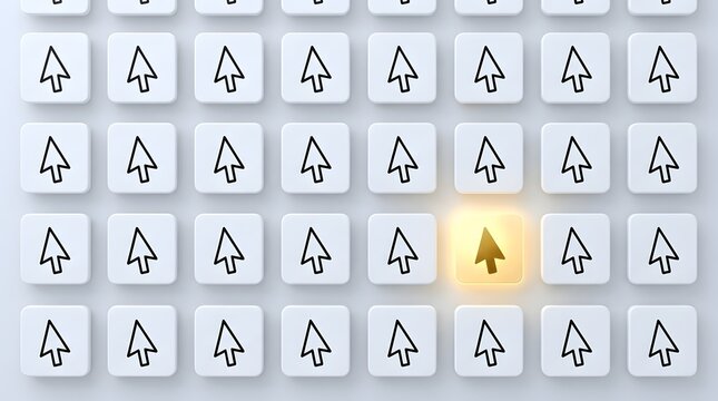 Grid of computer mouse cursors one highlighted with a glowing yellow effect representing selection choice or a unique option among many identical items.