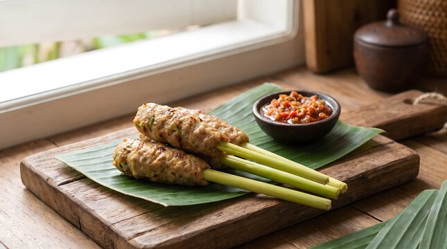 Traditional Balinese sate lilit grilled minced meat on lemongrass skewers with sambal on banana leaf, indonesian food photography