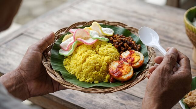 Man holding a plate of traditional Indonesian Nasi Kuning yellow rice with eggs and tempeh