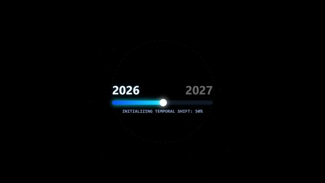 Futuristic temporal shift progress bar animation: 2026 to 2027 transition loading screen