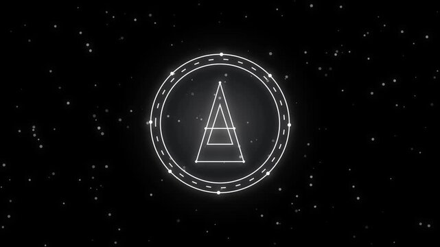 Glowing geometric triangle hud with pulsing particles and digital interface overlay