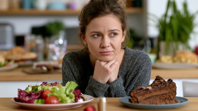 Pensive woman sitting at kitchen table choosing between fresh salad and chocolate cake slice. Healthy food versus sweets temptation. Diet, willpower and healthy eating choice concept.