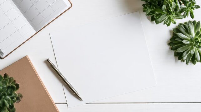 Top view of modern creative workspace with blank paper, metallic pen, open calendar, kraft journal and green succulent plants on white wooden desk, offering copy space for business layouts