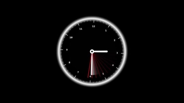 Minimalist digital clock animation with sweeping red second hand on black background, time timer countdown