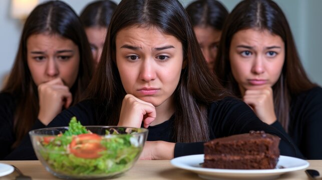 Teenage girls staring hungrily at chocolate cake next to a fresh salad bowl at a table. Hesitation between sweets and vegetables. Healthy diet versus junk food choice.