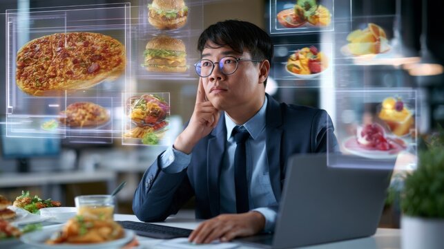 Businessman with glasses choosing food from holographic menu icons at desk with laptop. Man ordering pizza, burgers and dessert on virtual food delivery app. Online food ordering technology.