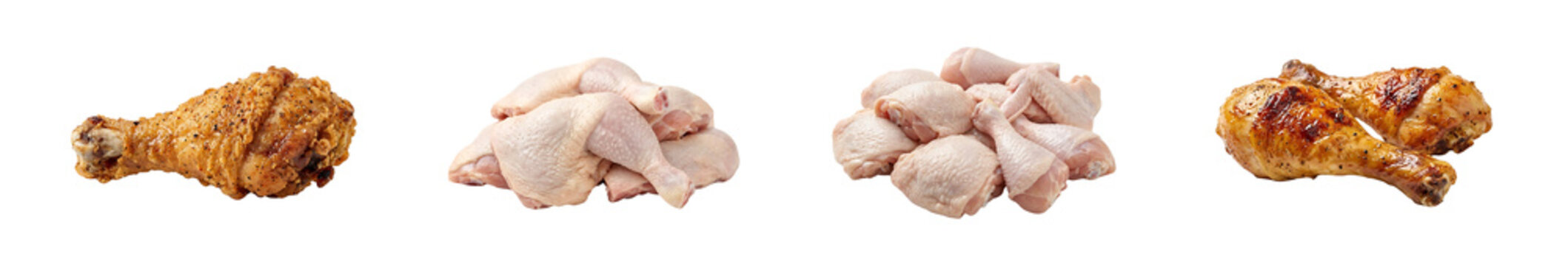 A collection of raw and cooked chicken drumsticks and wings arranged in a neat row isolated on a clean transparent background image