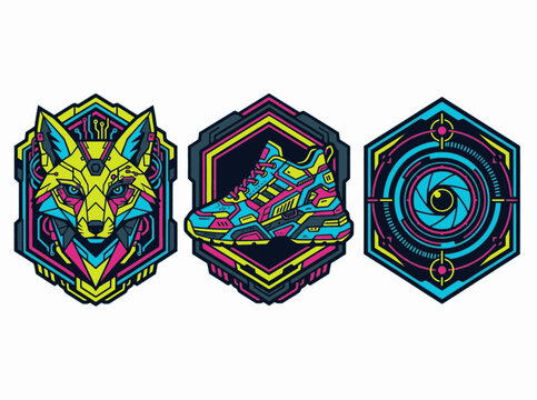 Cyberpunk Streetwear Hexagonal Badges Vector Set, Futuristic Techwear Clipart