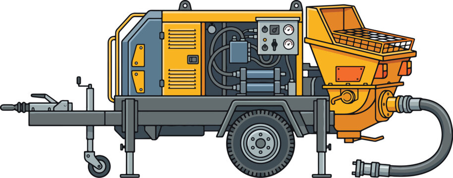 Industrial concrete pump trailer machine with hopper and hose for construction work