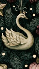 Naklejka na ściany i meble Vintage botanical swan ornament mobile wallpaper, dark festive woodland style