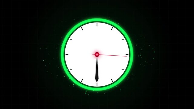 Neon green digital clock timer animation with glowing particles on dark grid background, countdown