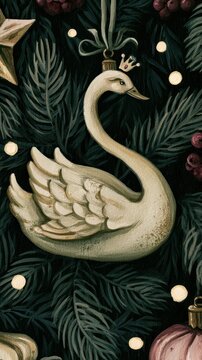 Vintage botanical swan ornament mobile wallpaper, dark festive woodland style