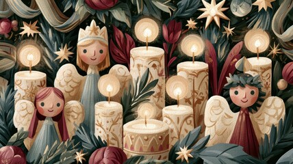 Fototapeta premium Whimsical Christmas angels, candles, stars, and foliage wallpaper