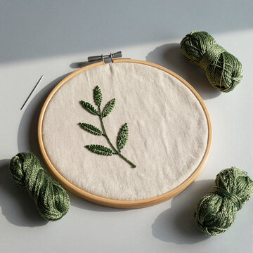 A simple leaf embroidery in a wooden hoop
