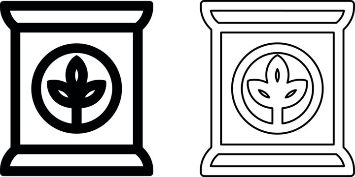 Modern flat vector fertilizer and seed bag icons representing organic growth and sustainable farming on white studio background.