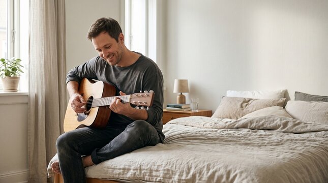 Homem tocando viol&atilde;o no quarto com express&atilde;o feliz, aproveitando momento de lazer e m&uacute;sica em casa em fotografia natural para campanhas de estilo de vida
