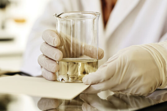 A close-up view of a clear glass beaker containing liquid demonstrates the precision and care involved in scientific experiments within a modern laboratory setting.
