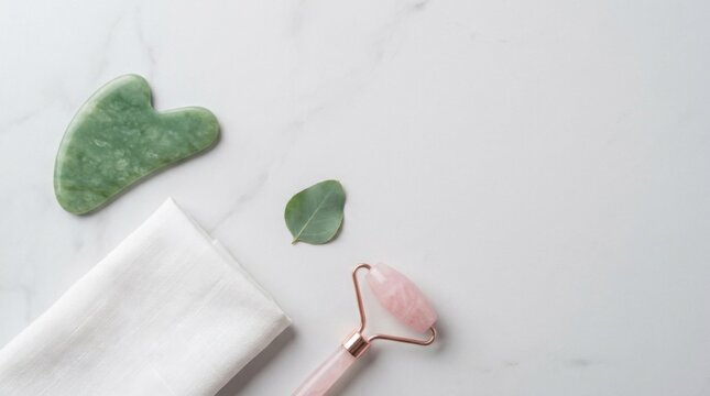 Jade Gua Sha Tool and Rose Quartz Face Roller on White Marble