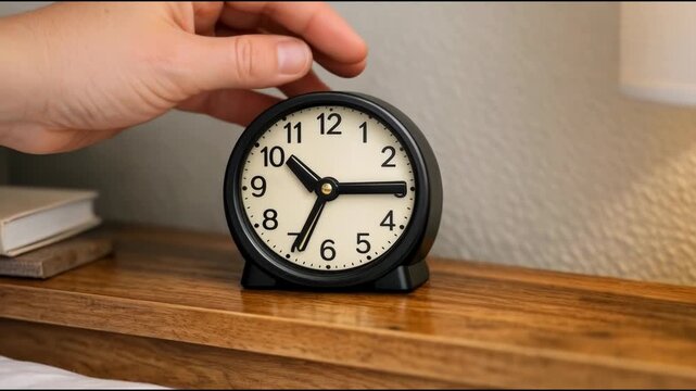A person holds an alarm clock on a wooden table, ready to start the day