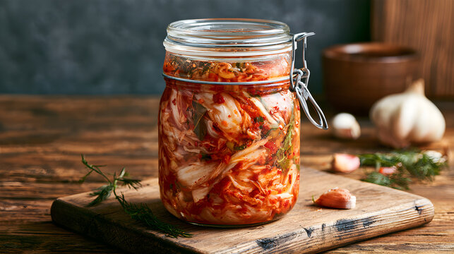 Kimchi Fermenting In A Glass Jar On A Rustic Kitchen Counter