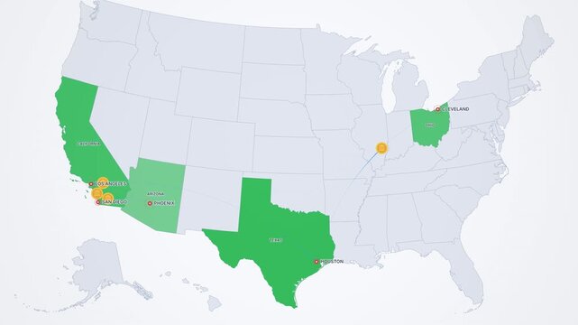 Light United States Map with Highlighted States and Location Pins
