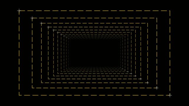 Abstract tunnel of glowing golden dashed lines forming a perspective corridor on a black background