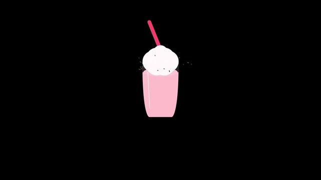 Minimalist flat design animation of pink strawberry milkshake with whipped cream on black background