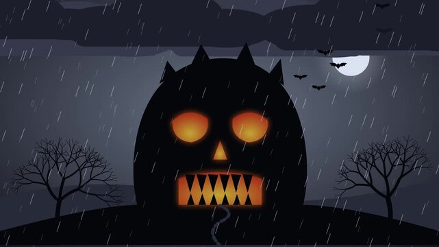 Looping Halloween animation of a giant skull shaped rock with fire glowing in its eye and mouth caves. Bats fly out of the eye, lightning flashes and rain falls under a pale moon.
