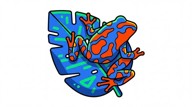 Vibrant cartoon frog with orange and blue patterns sitting on a stylized blue leaf with geometric designs.