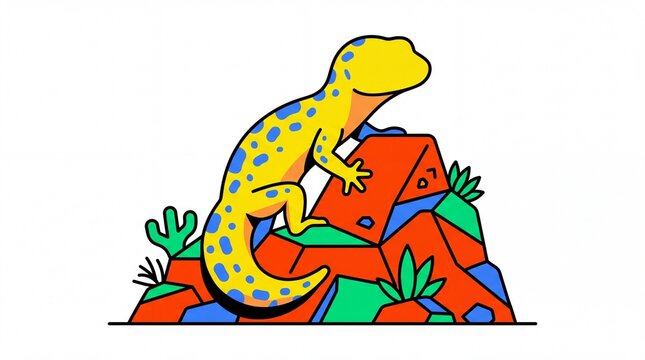 Fauna vektor tokek kuning berbintik biru memanjat batu