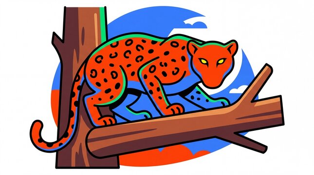 Vektor fauna leopard berwarna-warni berdiri di dahan pohon