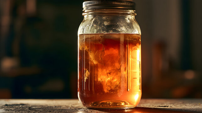 Kombucha Brewing Vessel Glowing Warm With A Floating Scoby Culture