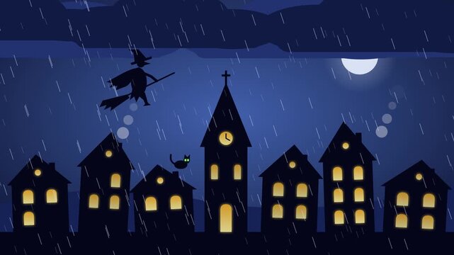 Looping Halloween animation of a witch flying on a broomstick over a village of crooked houses and a clock tower. Windows flicker, chimneys smoke and a black cat blinks on a roof while lightning flash