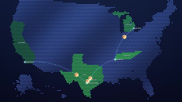 Dotted Digital United States Map with Flight Routes and Markers