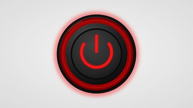 glowing red power button icon with pulsing neon ring, animation for technology interfaces, electronics, device controls, startupshutdown concepts, software UI, energy concepts, presentations