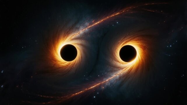 An accretion disk glowing with a golden-orange hue is visible, along with the effect of gravitational lensing, which bends the light from background stars and galaxies.