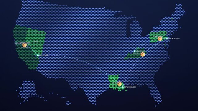 Digital United States Map with Multiple Travel Routes and Location Markers
